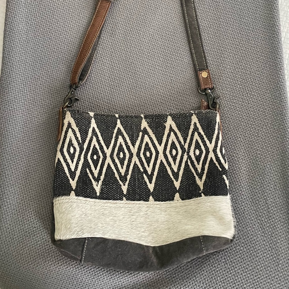 Myra Bag Crossbody Bag with Geometric Design and Real Fur and Leather Details